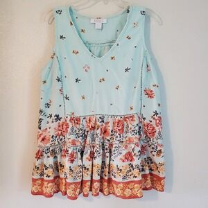 Bunulu Top Womens 1X Blue Floral Sleeveless Boho Tunic Rayon Summer Cami‎